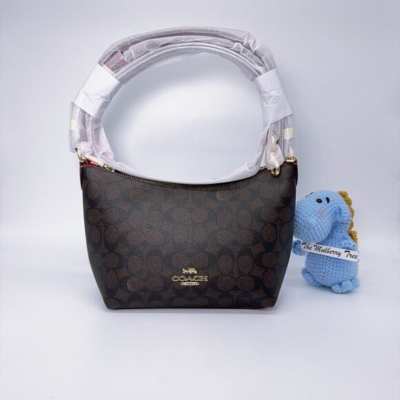 Coach CX610 Zip Top Shoulder Bag Crossbody In Signature Canvas Walnut Bold Red - Picture 1 of 10
